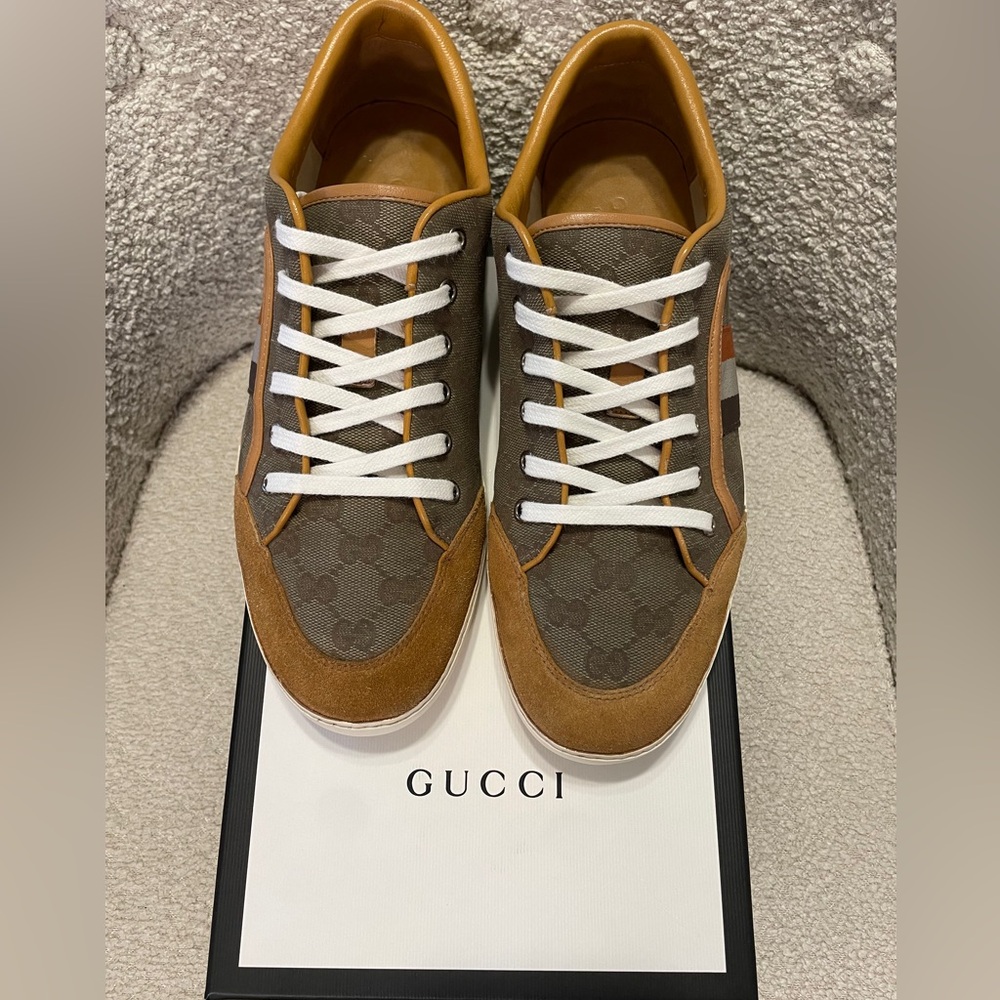 Mens Authentic GUCCI Suede and Canvas Monogram Sneakers - Size 8